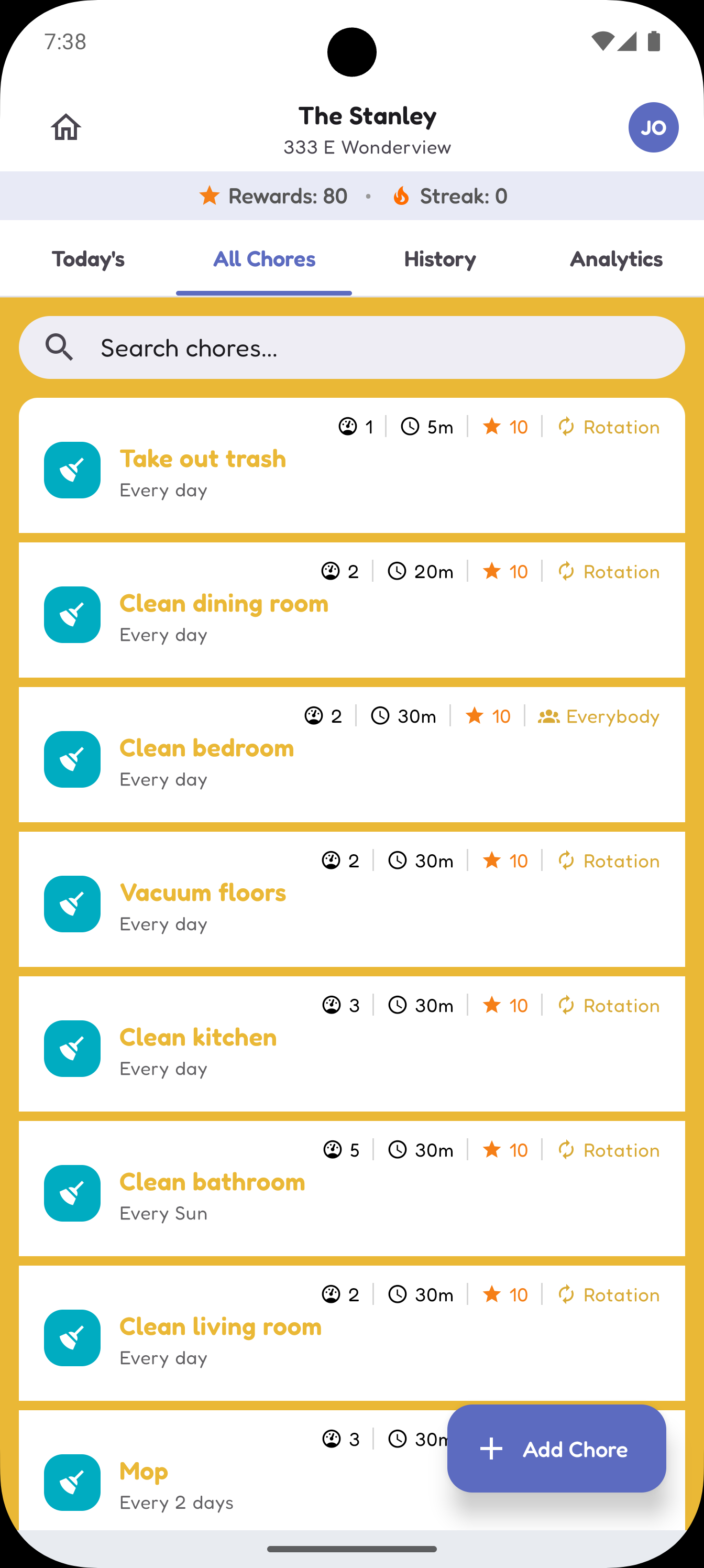 Chore Chores all chores view showing household chores with frequency and difficulty settings